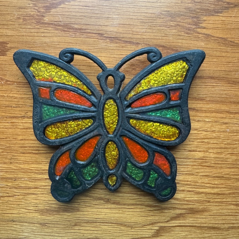 Vintage Butterfly Stained Glass Look Metal Trivet Hot Pad‎ Cast Iron Taiwan